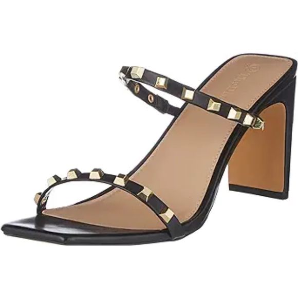 Shoes - Women's Avery Square Toe Two Strap High Heeled Black Studded Sandal
